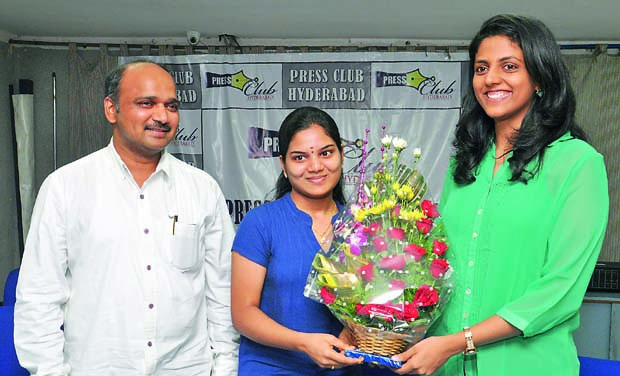 Grandmaster Harika Dronavalli (right) congratulates Pratyusha Bodda on becoming a Woman International Master at the Press Club of Hyderabad on Tuesday. Grandmaster Harika Dronavalli (right) congratulates Pratyusha Bodda on becoming a Woman International Master at the Press Club of Hyderabad on Tuesday.